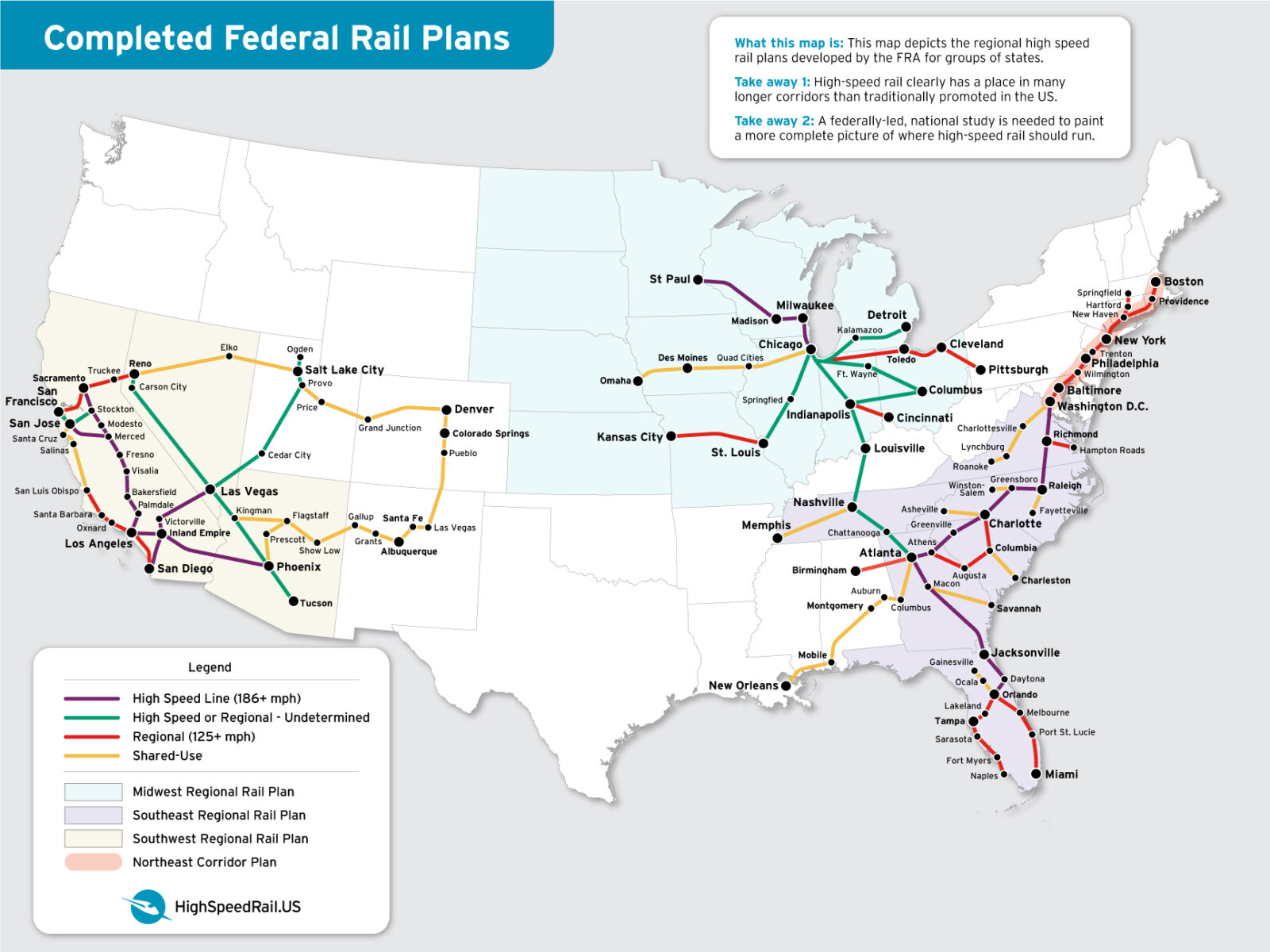 A composite map of three regional rail plans plus the NE Corridor.